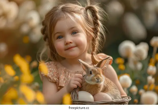 Little girl holding a bunny in a basket with flowers in the background