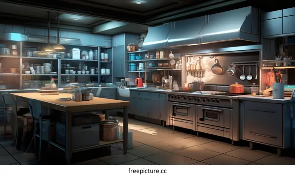 Stainless Steel Commercial Kitchen with Large Island