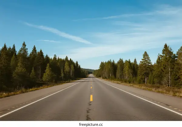 A long empty road surrounded by lush green trees under a clear blue sky