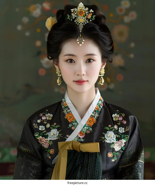 Portrait of a young woman in traditional Korean hanbok dress