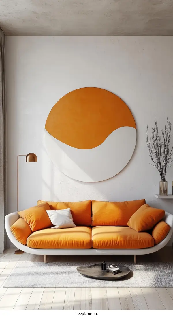 Modern Living Room Interior Design with Orange Sofa and Circular Art