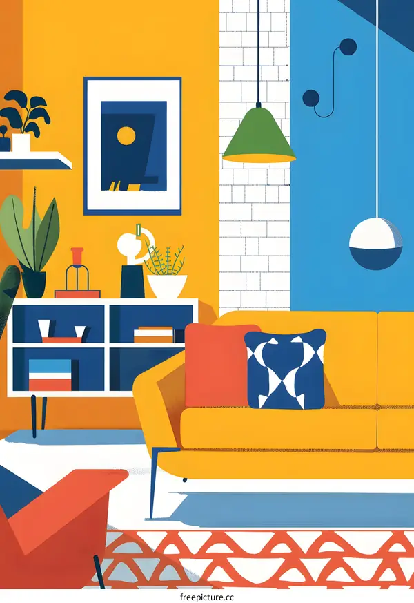 Modern Living Room Interior Design with Yellow Sofa and Geometric Rug