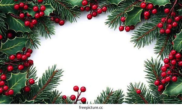 Christmas Frame of Holly and Fir Branches