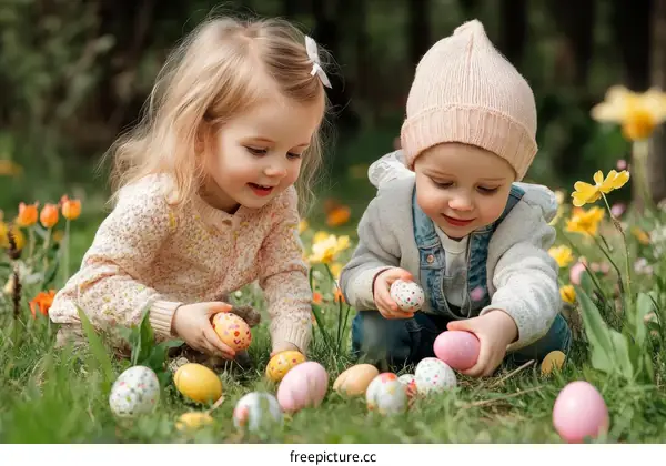 Two Children Enjoying Easter Egg Hunt in Spring