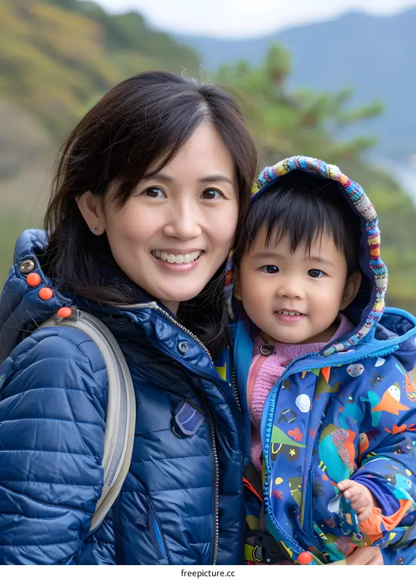 A mother is carrying her baby in a hiking backpack.
