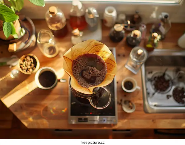 Paper Filter Coffee Brewing Process in a Modern Kitchen