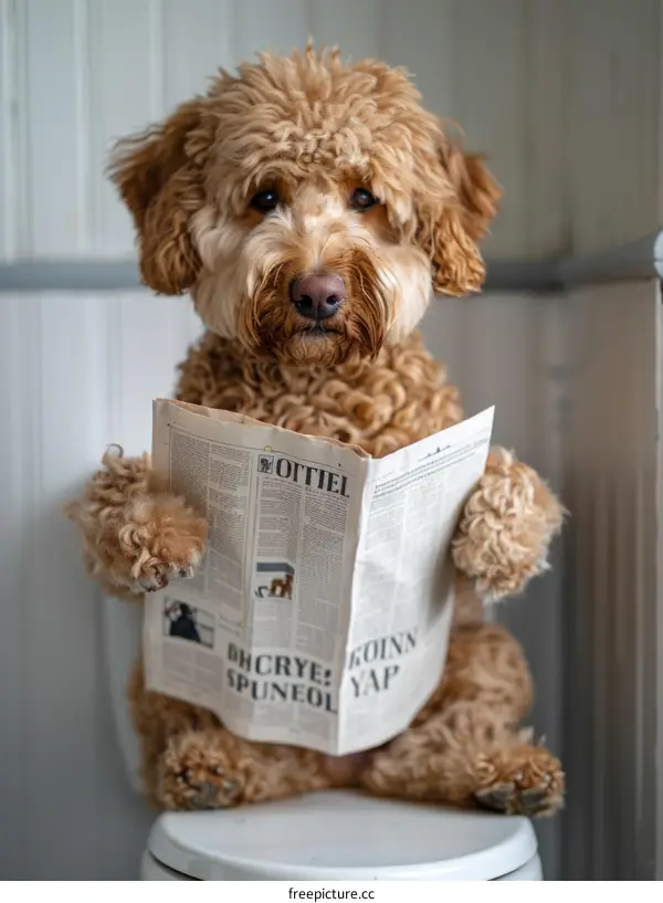 Golden Doodle Puppy Reading Newspaper on Toilet