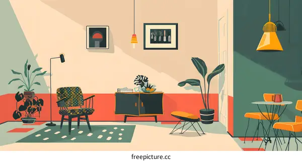 Mid Century Modern Living Room Interior Design Illustration