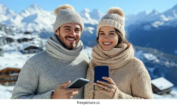 Couple Enjoying Winter Mountain Scenery with Smartphones