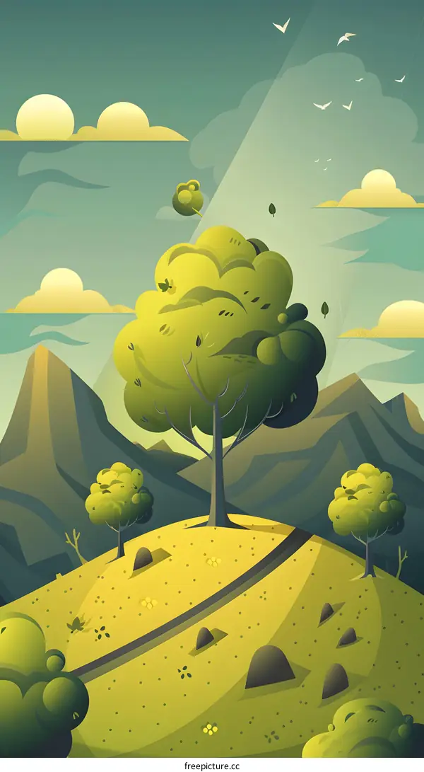 Green Landscape with Big Tree and Sun Rays