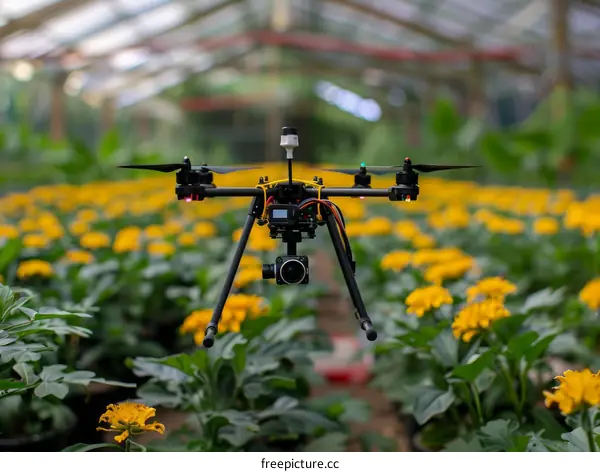 A drone flies over a field of yellow flowers