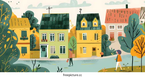 Cartoon Illustration of People Walking in a Town with Houses and Trees