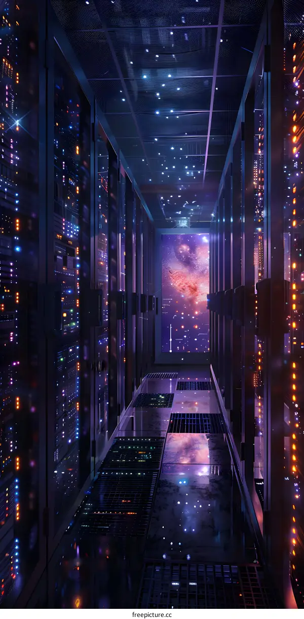 futuristic data center with glowing lights and starry night sky