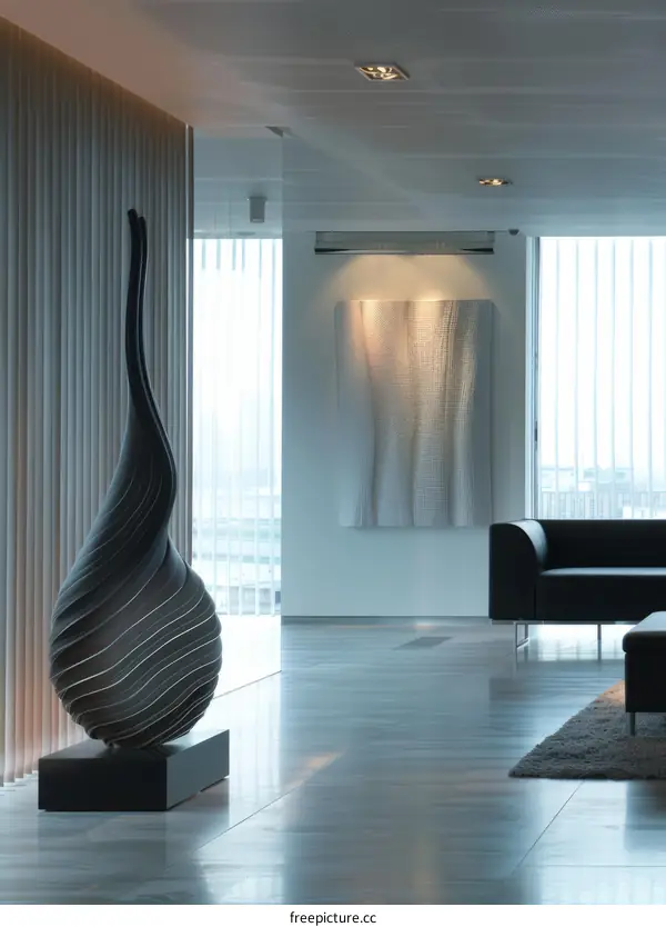 Black Sculpture with White Wall Art in Modern Office Lobby