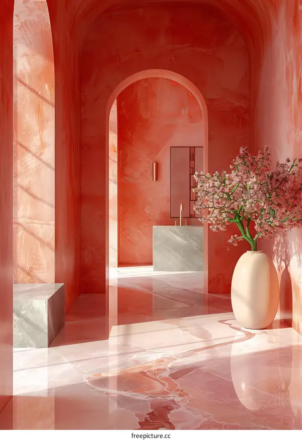 White minimalist bathroom with modern mirror and vase