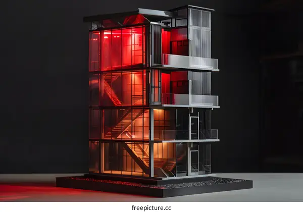Glass Building Model with Red Lights