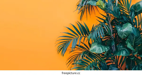 Tropical Plants Against a Bright Orange Wall