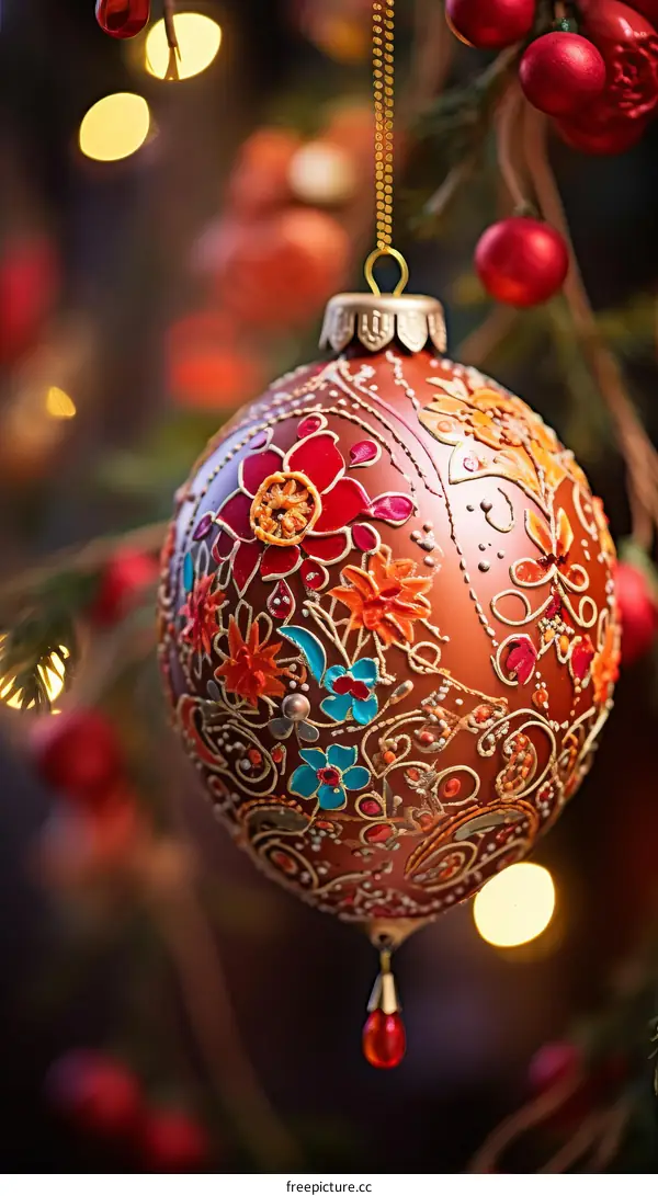 Exquisite Christmas Ornament with Floral Design Hanging on a Tree Branch