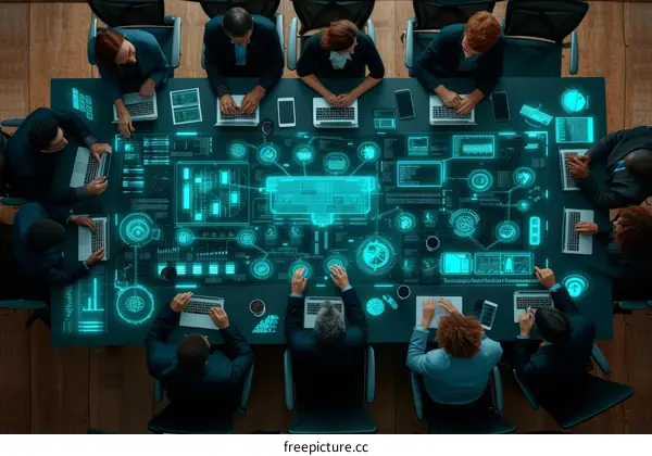 Diverse group of business people sitting around a table using futuristic technology