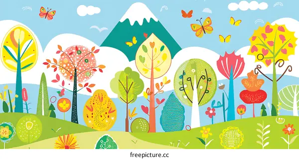 Colorful Illustration of a Forest with Butterflies and Mountains