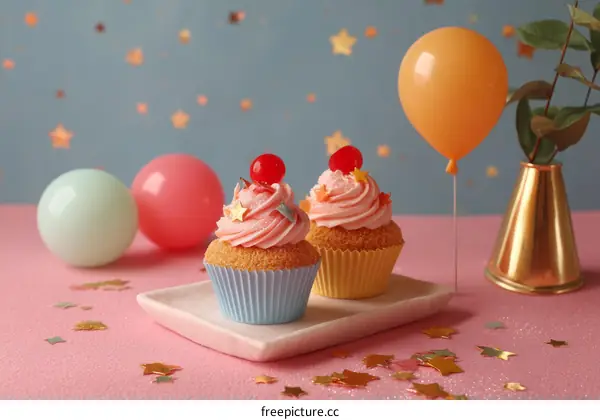 Birthday Cupcakes with Balloons and Confetti