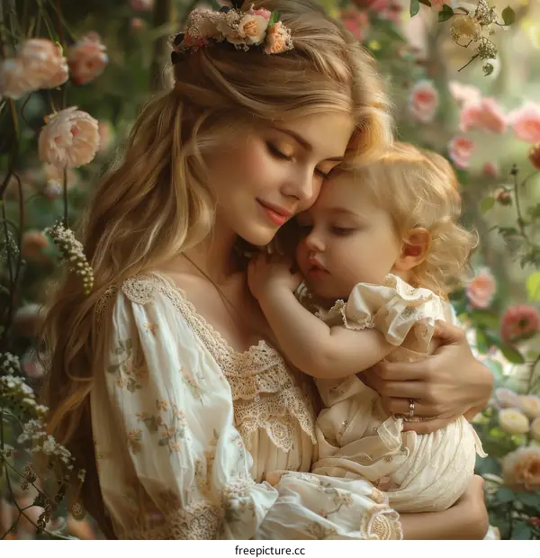 Mother and Daughter Embrace in a Floral Garden