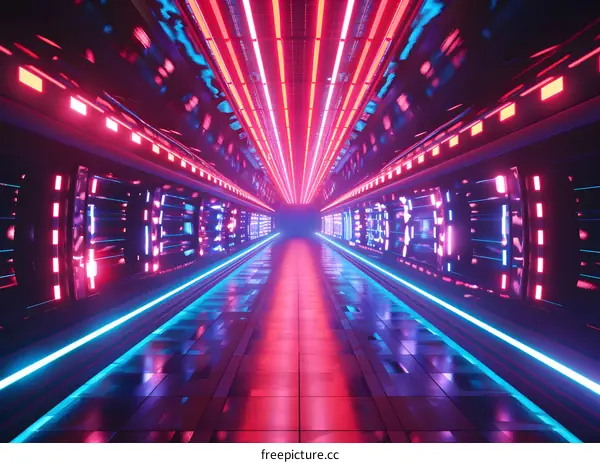 A long futuristic tunnel with bright neon lights on the walls and floor