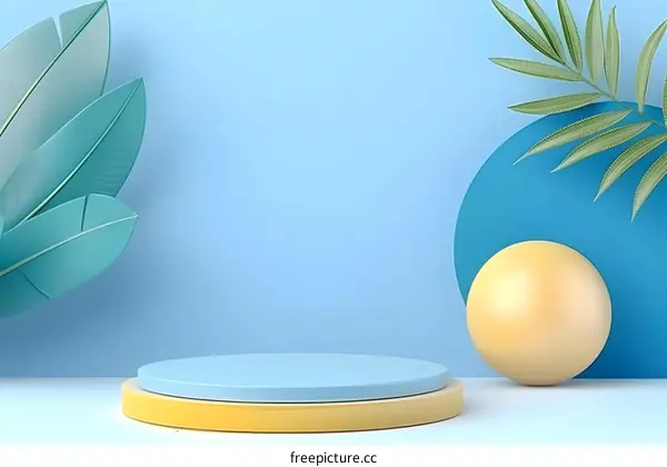 Abstract Blue Yellow Minimalist Product Display With Leaves