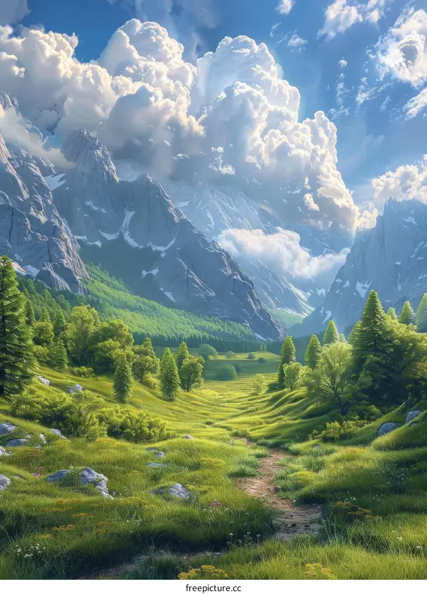 Majestic Mountain Valley Landscape Illustration