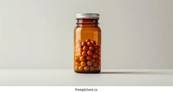 Close-up of amber glass bottle with pills