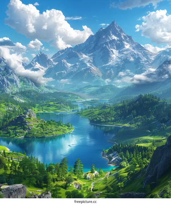 Fantasy Landscape with Mountain Lake and Trees