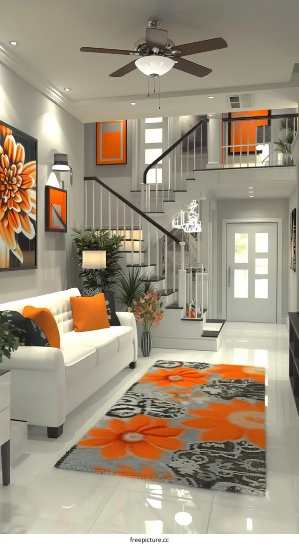 Staircase with white walls and orange accents