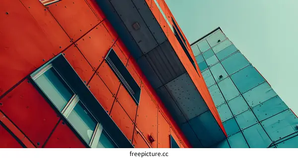 Modern Architecture Building Facade With Blue and Red Panels