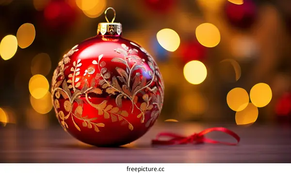 Red Christmas ball with golden floral pattern