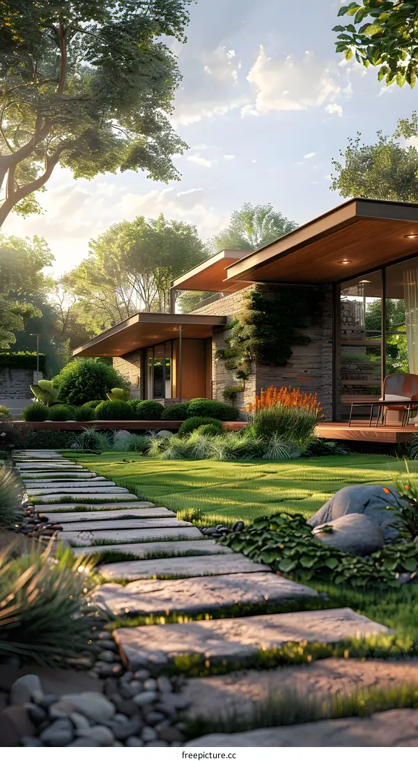 A Modern House with Trees and Grass