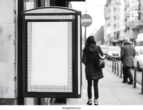 Blank Poster On Sidewalk With People Walking By
