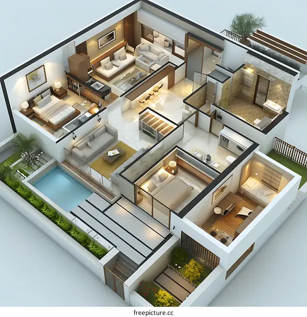 Top view of a three-story modern house