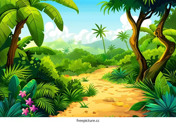 Jungle Path with Palm Trees and Lush Greenery