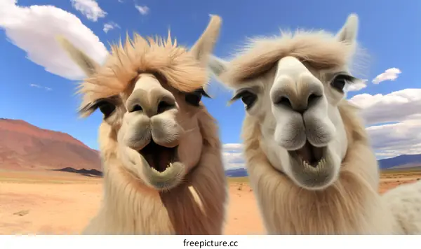 Two funny llamas in the desert