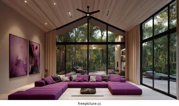 Modern Stylish Living Room with Large Windows and Purple Sofa