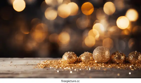 Golden Christmas Ornaments on a Wooden Table with a Bokeh Background of Golden Lights