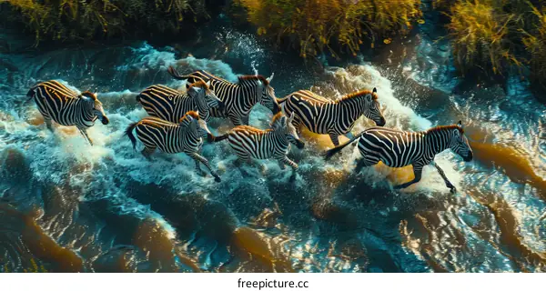 Herd of zebras running through a river