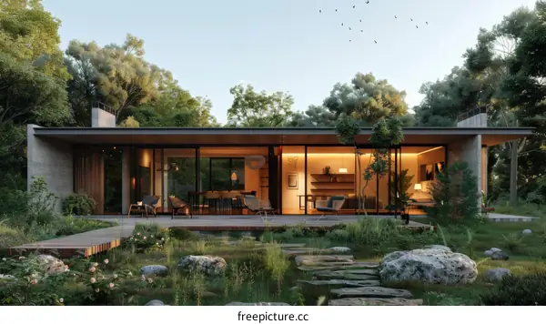 Modern house exterior with large glass windows and a spacious terrace