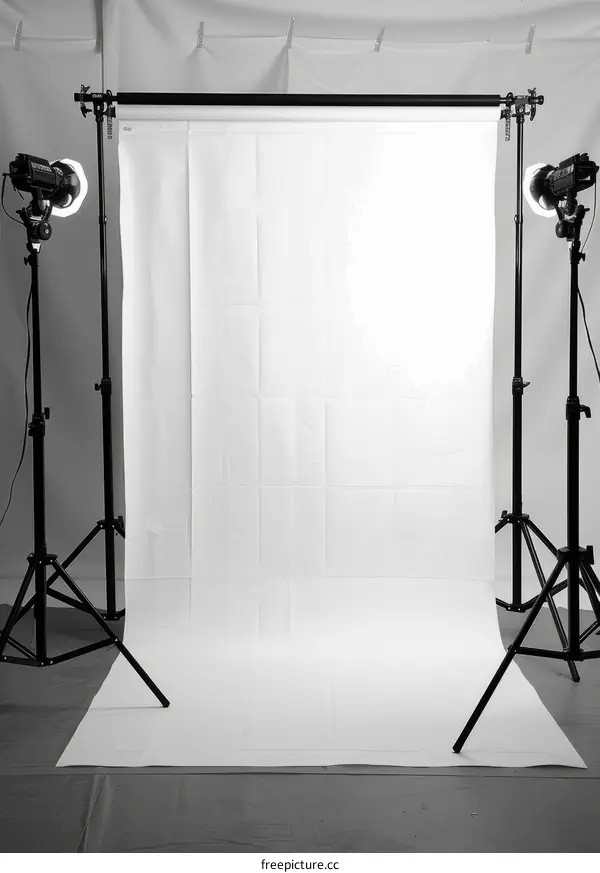 A photo studio with a white background and two lights