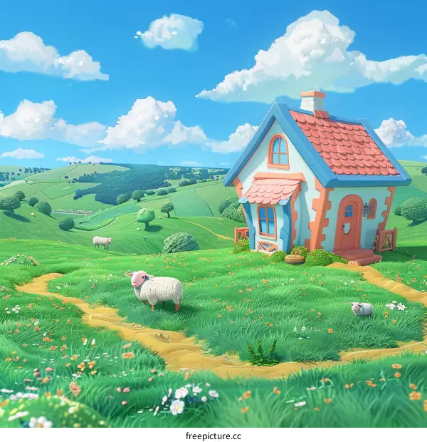 Cartoon illustration of a small cottage in a green field