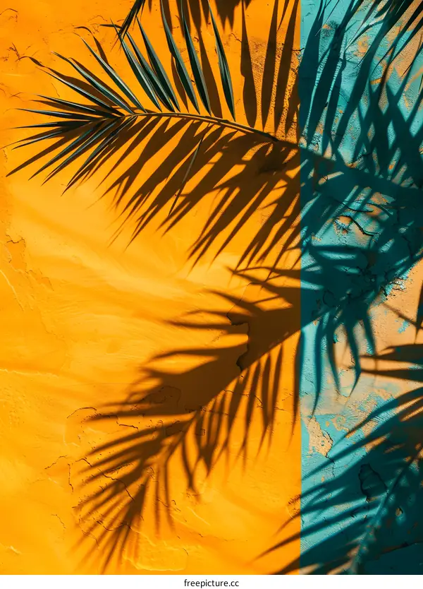 Palm Leaf Shadow on Yellow and Blue Wall