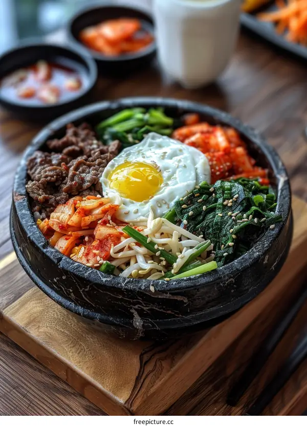 Korean food dolsot bibimbap with beef, egg and kimchi in a hot stone bowl