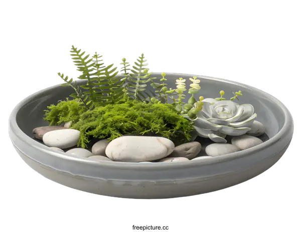 [Transparent Background PNG]Green Succulent Arrangement with Ferns and Rocks in Grey Dish