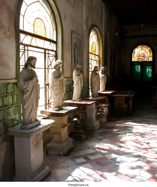 Row of Statues in a Church Interior with Stained Glass Windows