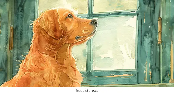 Golden Retriever Watercolor Painting Looking Out Window